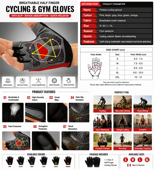 Breathable Half Finger Cycling Gloves | Anti-Slip Gym & Fitness Gloves