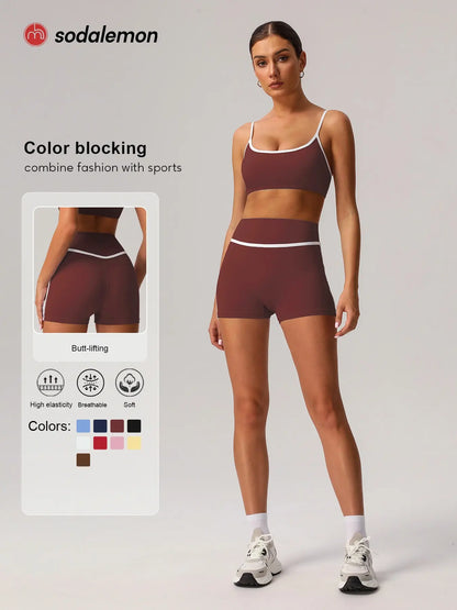 Sodalemon Women'S Contrast Binding Crop Sports Bra & High Waist Shorts Sportswear Set, Fitness Wear, Breathable Comfortable for Yoga Gym Workout Running, Ladies Sportswear for All Seasons