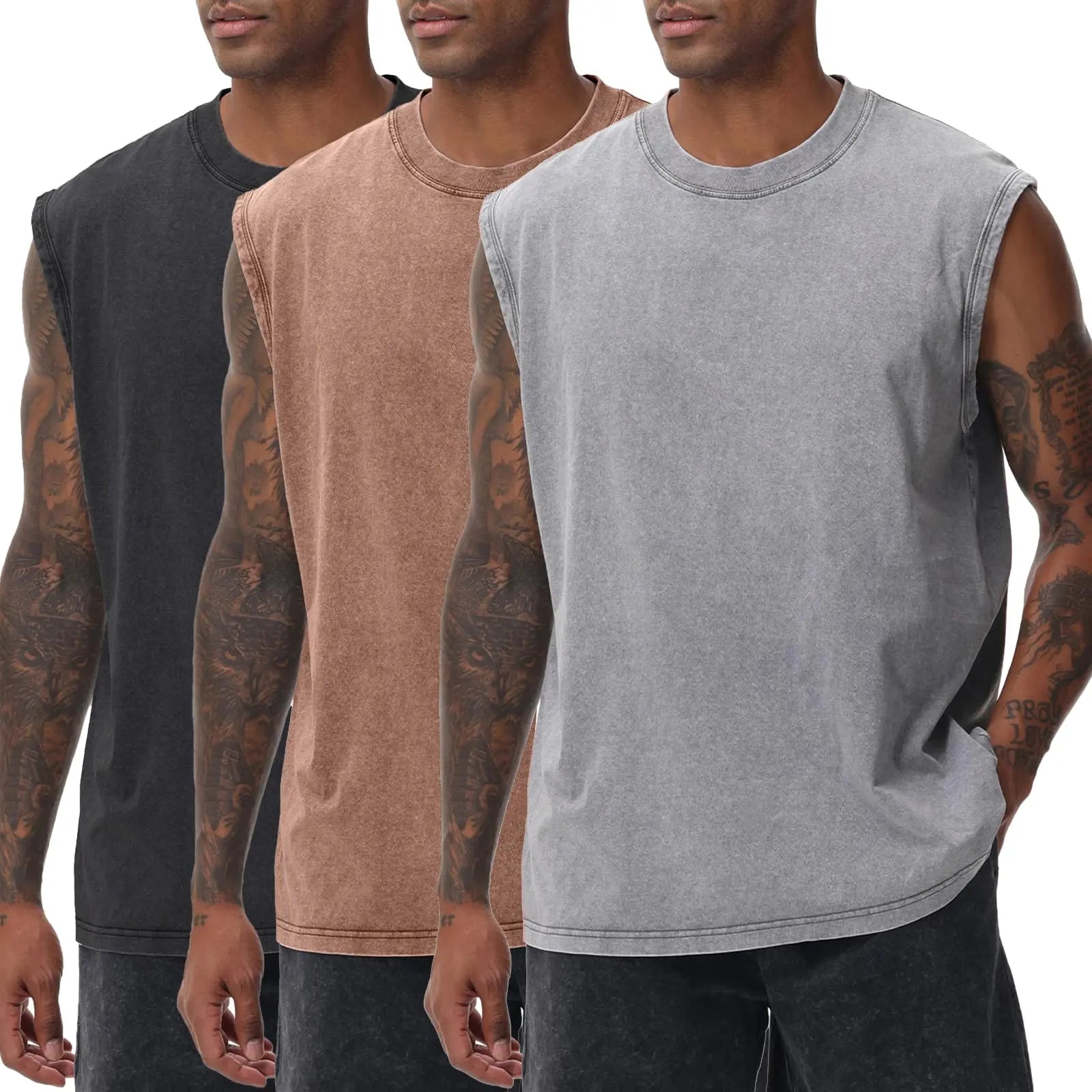 Men'S Cotton Sports Tank Tops - Vintage Casual Fitted Sleeveless Muscle Tees, Acid Wash round Neck Soft Gym Stuff, Loose Fit for Gym Running, Classic Menswear Summer Essentials