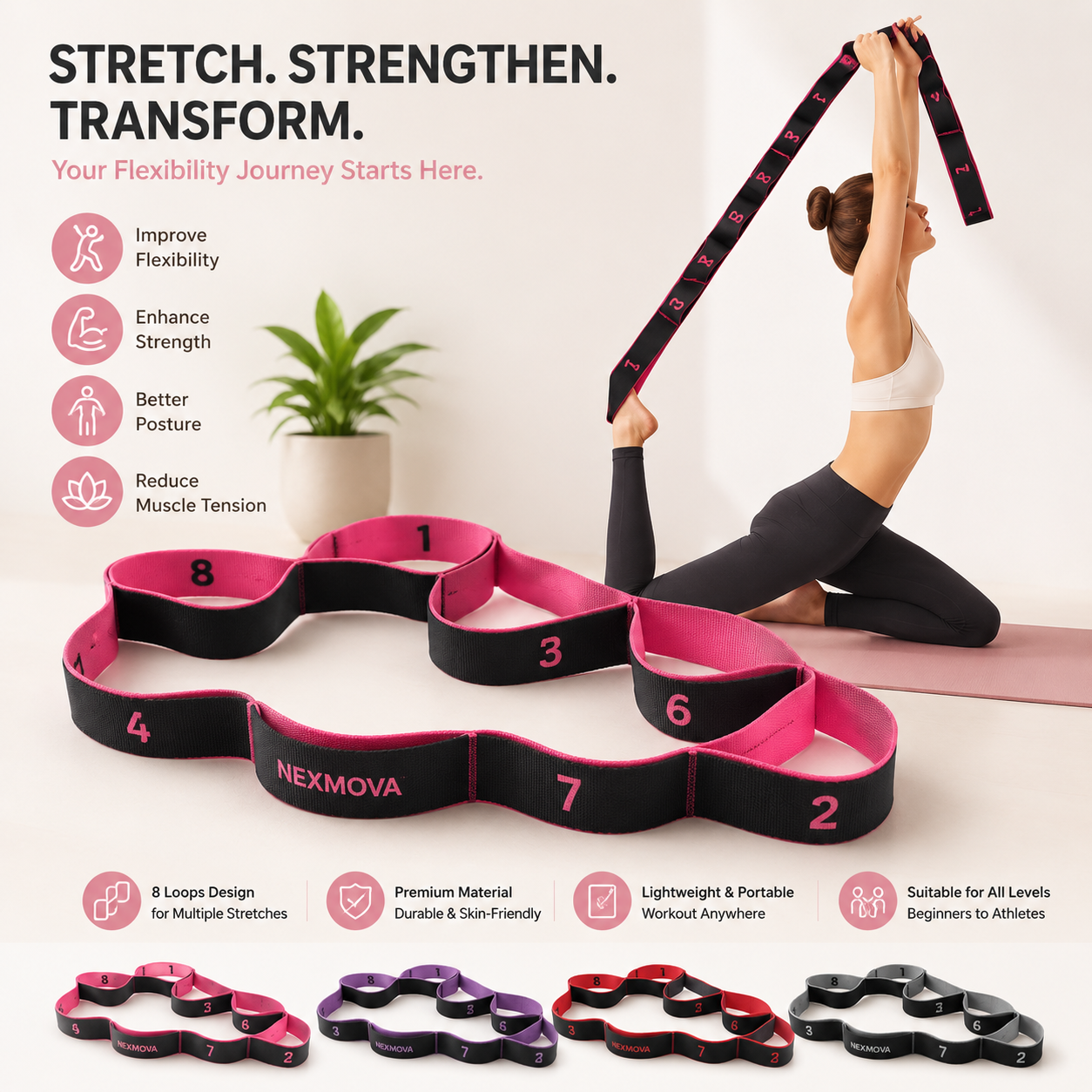 8-Section Stretching Resistance Band for Yoga, Pilates & Fitness