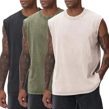 Men'S Cotton Sports Tank Tops - Vintage Casual Fitted Sleeveless Muscle Tees, Acid Wash round Neck Soft Gym Stuff, Loose Fit for Gym Running, Classic Menswear Summer Essentials