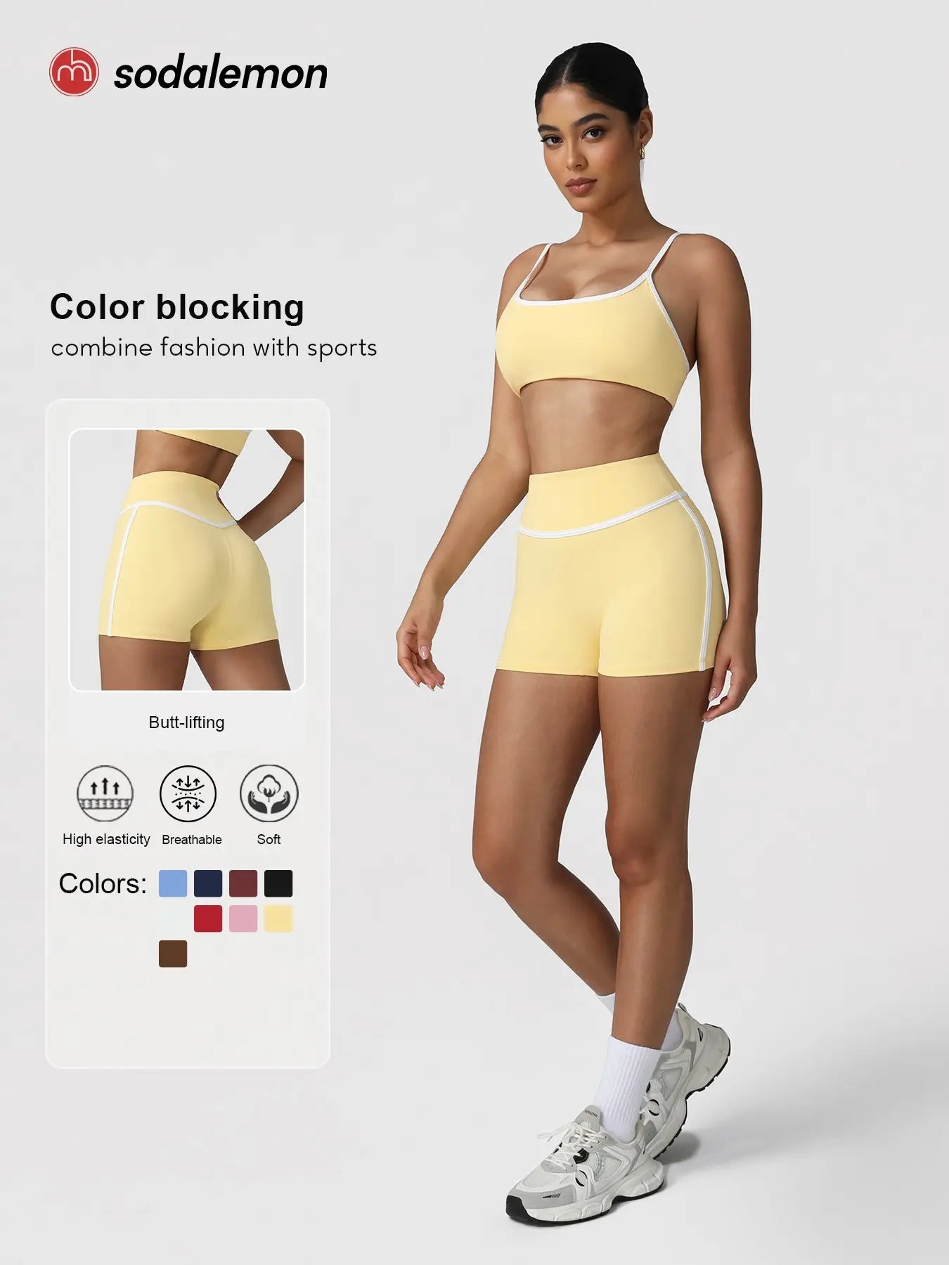 Sodalemon Women'S Contrast Binding Crop Sports Bra & High Waist Shorts Sportswear Set, Fitness Wear, Breathable Comfortable for Yoga Gym Workout Running, Ladies Sportswear for All Seasons