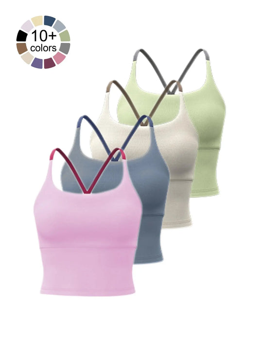 Sporty Women'S Plain Criss Cross Sports Bra, Comfort and Durability Sports Crop Cami Top, Ladies Sportswear for Indoor Outdoor Wear, Gym Clothes, Workout Bras, Strappy Sports Bras, Exercise Bra, Stretch Sports Bra
