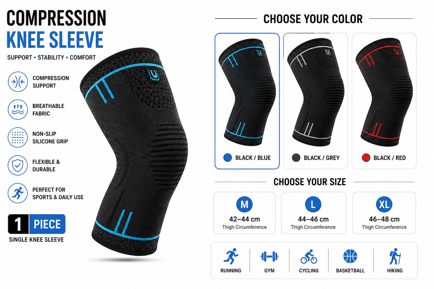 Compression Knee Sleeve for Running, Gym & Sports – Knee Support Brace