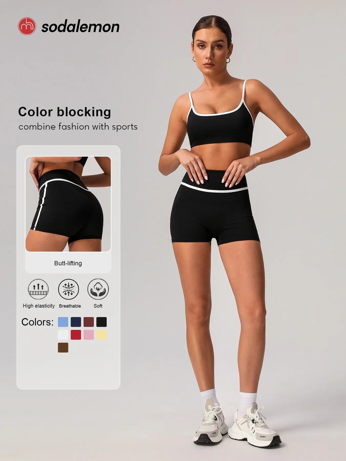 Sodalemon Women'S Contrast Binding Crop Sports Bra & High Waist Shorts Sportswear Set, Fitness Wear, Breathable Comfortable for Yoga Gym Workout Running, Ladies Sportswear for All Seasons