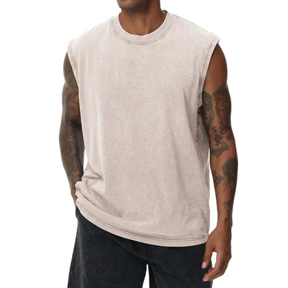 Men'S Cotton Sports Tank Tops - Vintage Casual Fitted Sleeveless Muscle Tees, Acid Wash round Neck Soft Gym Stuff, Loose Fit for Gym Running, Classic Menswear Summer Essentials