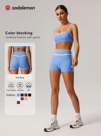 Sodalemon Women'S Contrast Binding Crop Sports Bra & High Waist Shorts Sportswear Set, Fitness Wear, Breathable Comfortable for Yoga Gym Workout Running, Ladies Sportswear for All Seasons