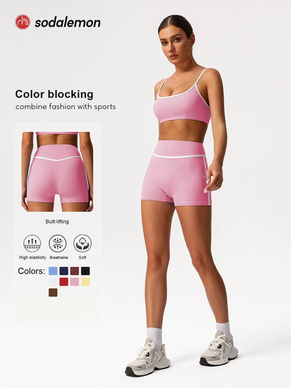 Sodalemon Women'S Contrast Binding Crop Sports Bra & High Waist Shorts Sportswear Set, Fitness Wear, Breathable Comfortable for Yoga Gym Workout Running, Ladies Sportswear for All Seasons