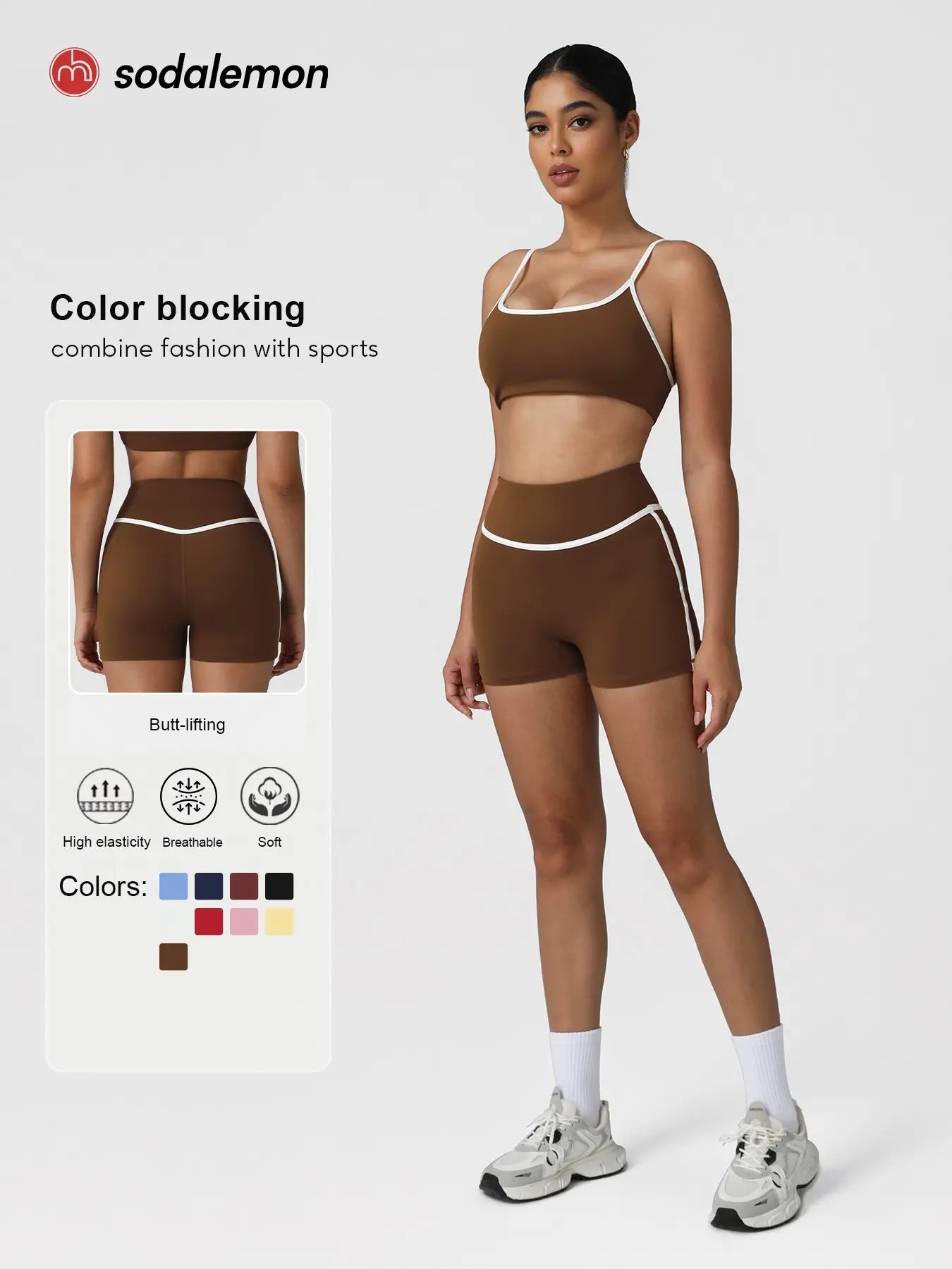Sodalemon Women'S Contrast Binding Crop Sports Bra & High Waist Shorts Sportswear Set, Fitness Wear, Breathable Comfortable for Yoga Gym Workout Running, Ladies Sportswear for All Seasons