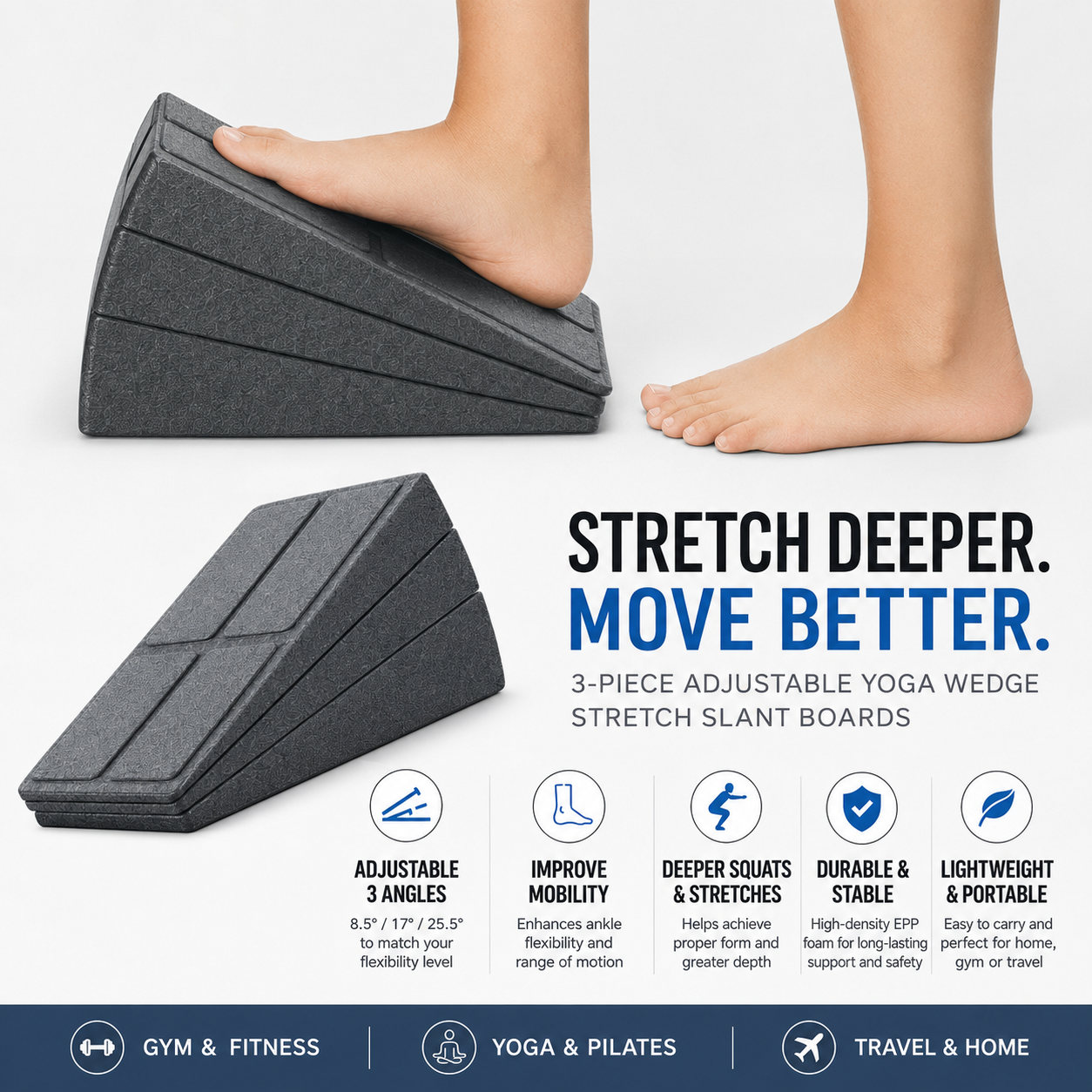 Adjustable Yoga Wedge Stretch Board Set – 3 PCS Mobility & Squat Slant Blocks