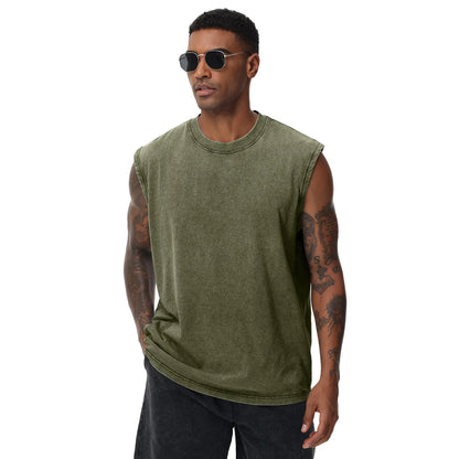 Men'S Cotton Sports Tank Tops - Vintage Casual Fitted Sleeveless Muscle Tees, Acid Wash round Neck Soft Gym Stuff, Loose Fit for Gym Running, Classic Menswear Summer Essentials