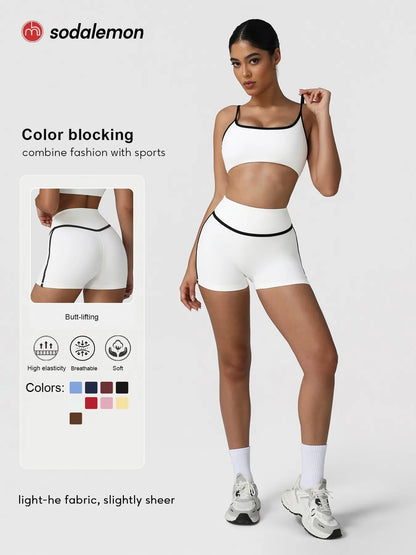 Sodalemon Women'S Contrast Binding Crop Sports Bra & High Waist Shorts Sportswear Set, Fitness Wear, Breathable Comfortable for Yoga Gym Workout Running, Ladies Sportswear for All Seasons