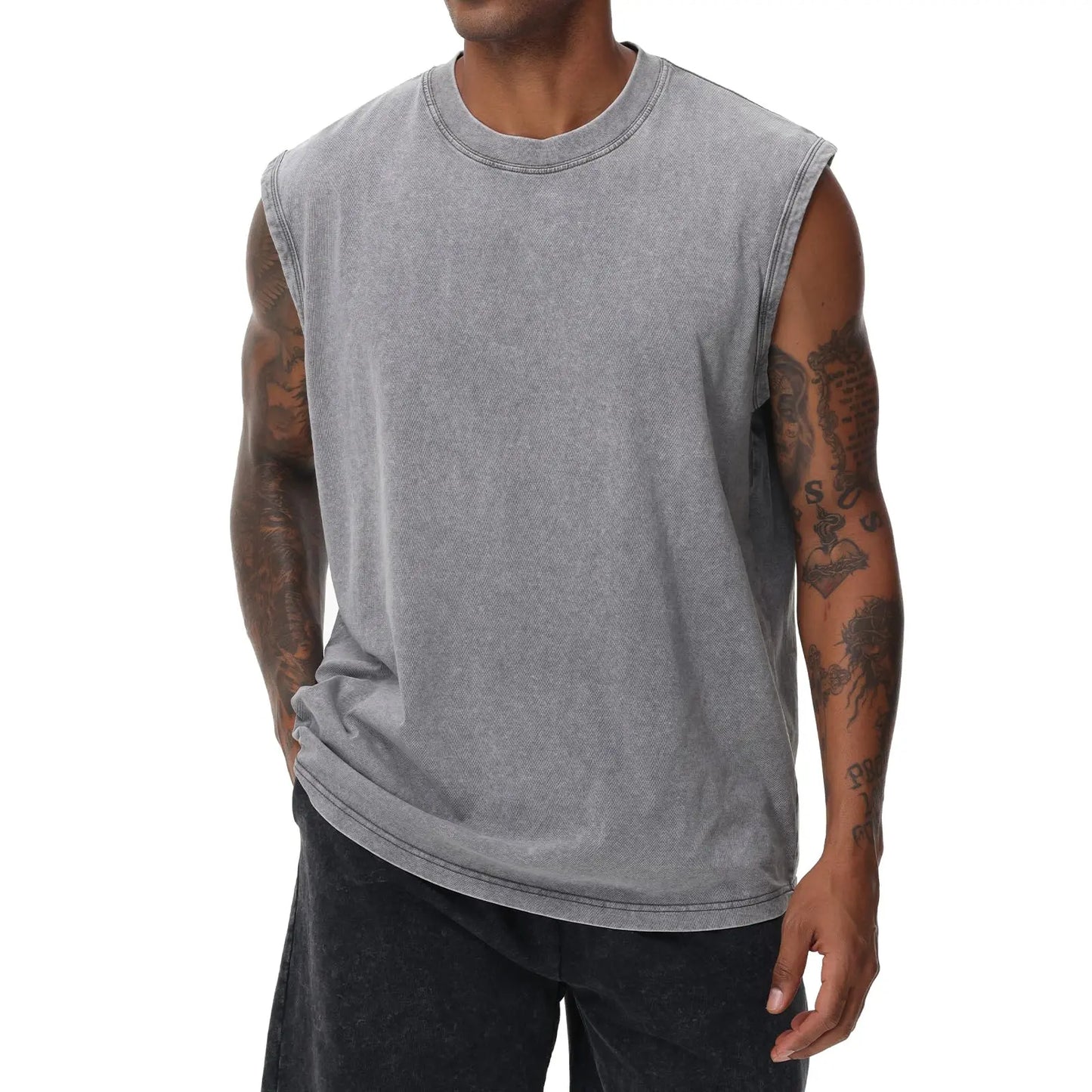 Men'S Cotton Sports Tank Tops - Vintage Casual Fitted Sleeveless Muscle Tees, Acid Wash round Neck Soft Gym Stuff, Loose Fit for Gym Running, Classic Menswear Summer Essentials