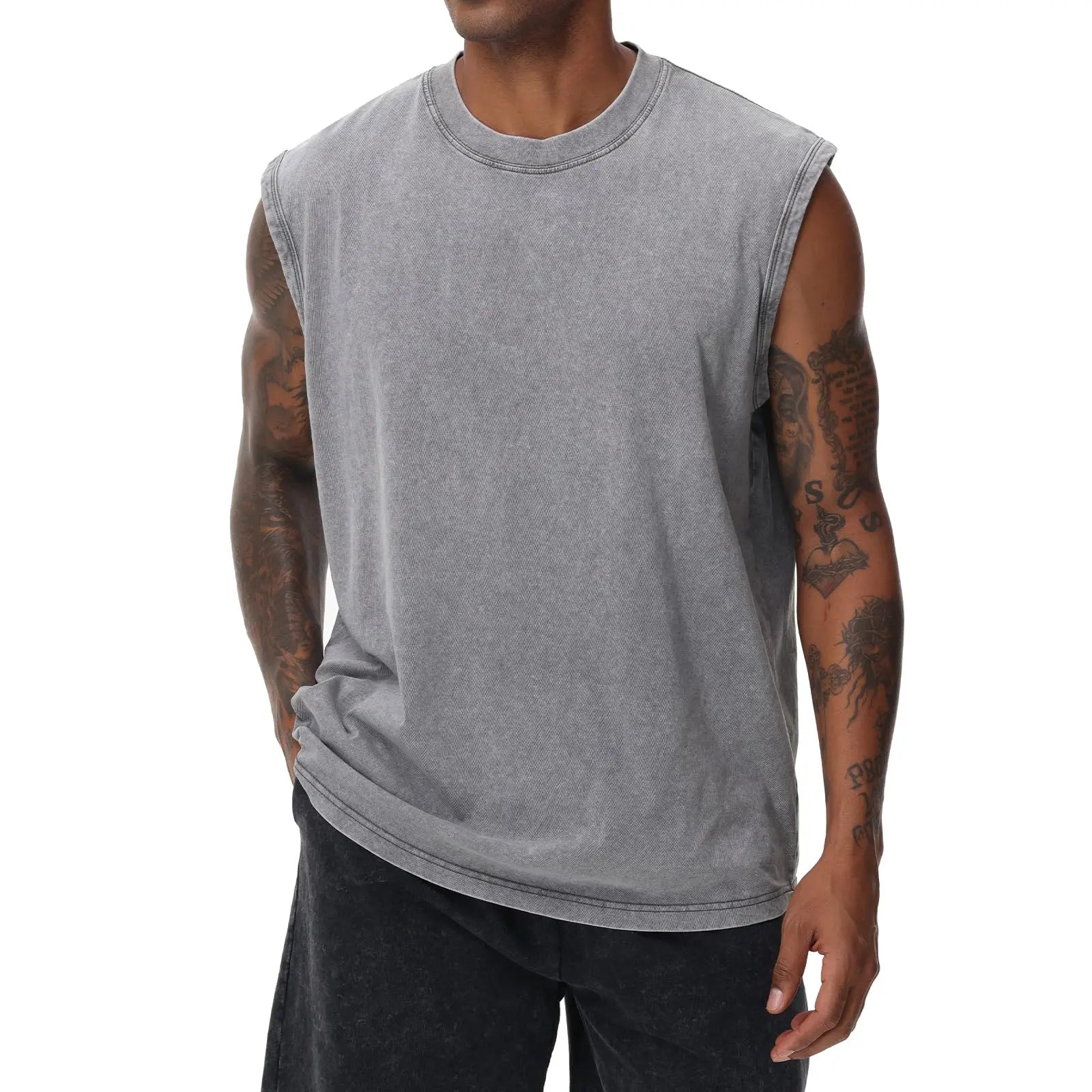 Men'S Cotton Sports Tank Tops - Vintage Casual Fitted Sleeveless Muscle Tees, Acid Wash round Neck Soft Gym Stuff, Loose Fit for Gym Running, Classic Menswear Summer Essentials