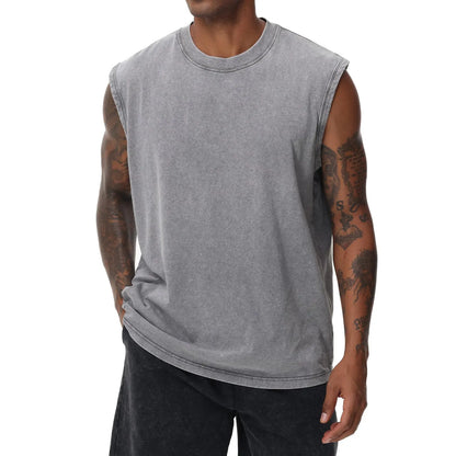 Men'S Cotton Sports Tank Tops - Vintage Casual Fitted Sleeveless Muscle Tees, Acid Wash round Neck Soft Gym Stuff, Loose Fit for Gym Running, Classic Menswear Summer Essentials