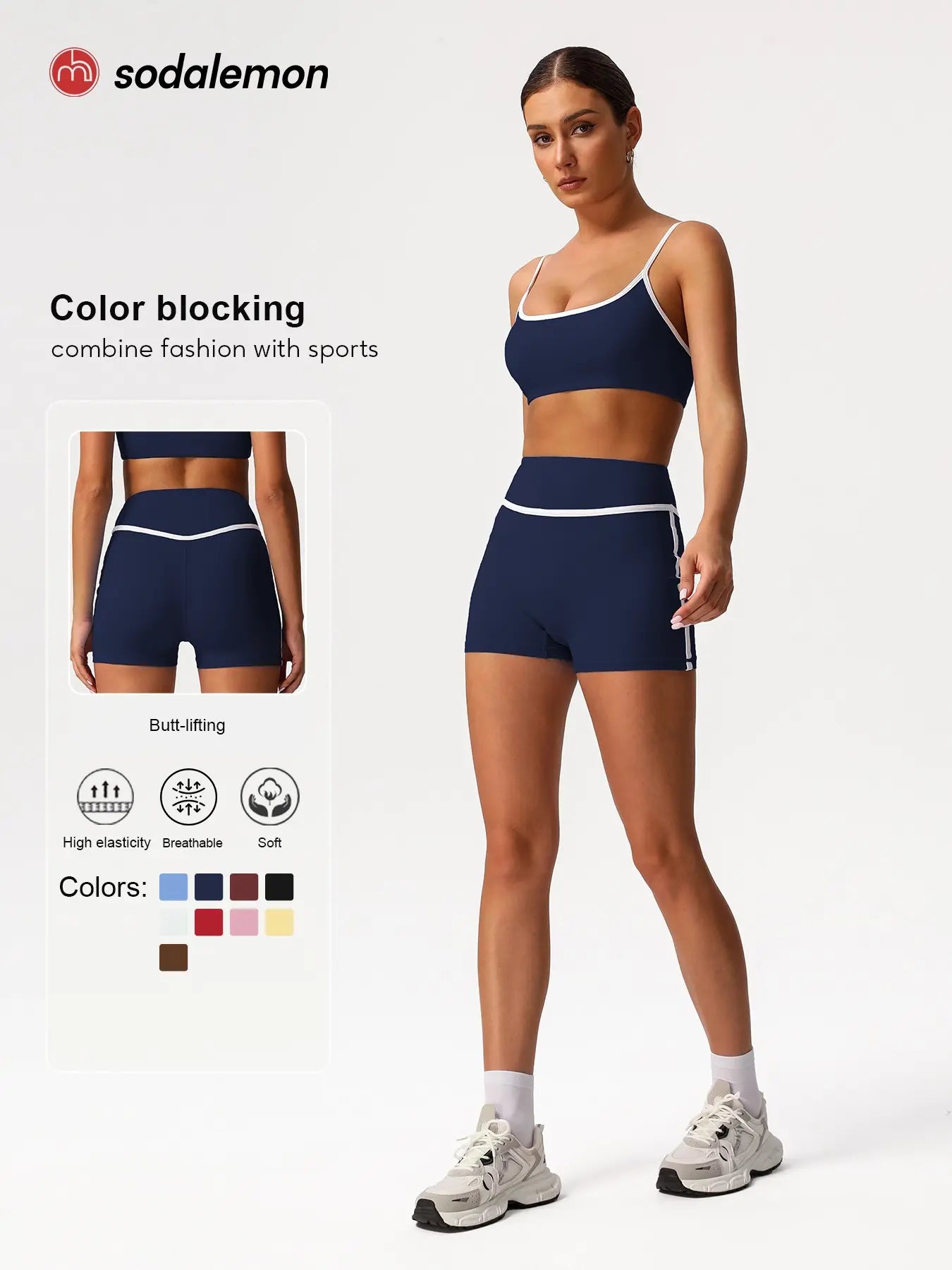 Sodalemon Women'S Contrast Binding Crop Sports Bra & High Waist Shorts Sportswear Set, Fitness Wear, Breathable Comfortable for Yoga Gym Workout Running, Ladies Sportswear for All Seasons