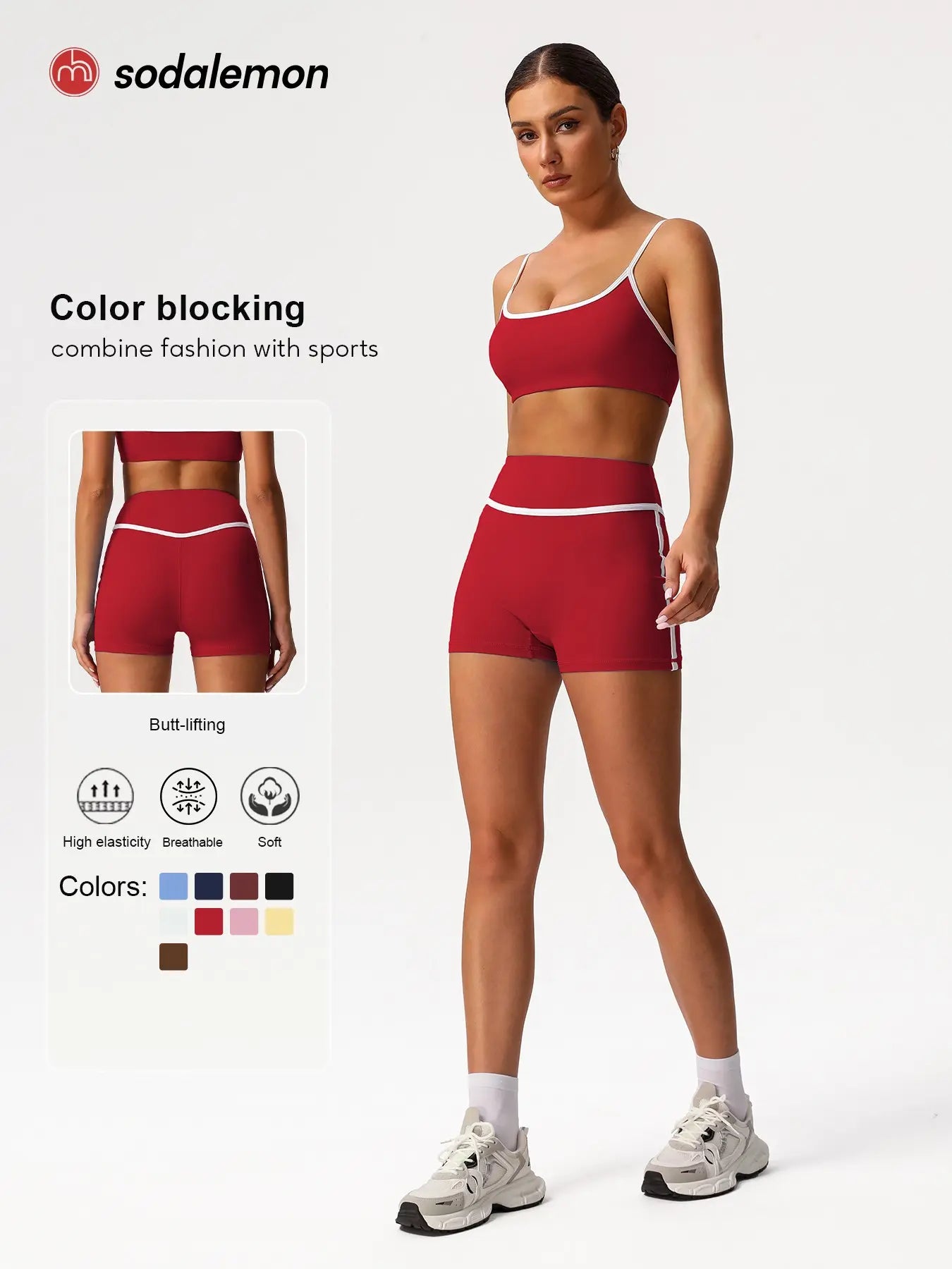 Sodalemon Women'S Contrast Binding Crop Sports Bra & High Waist Shorts Sportswear Set, Fitness Wear, Breathable Comfortable for Yoga Gym Workout Running, Ladies Sportswear for All Seasons