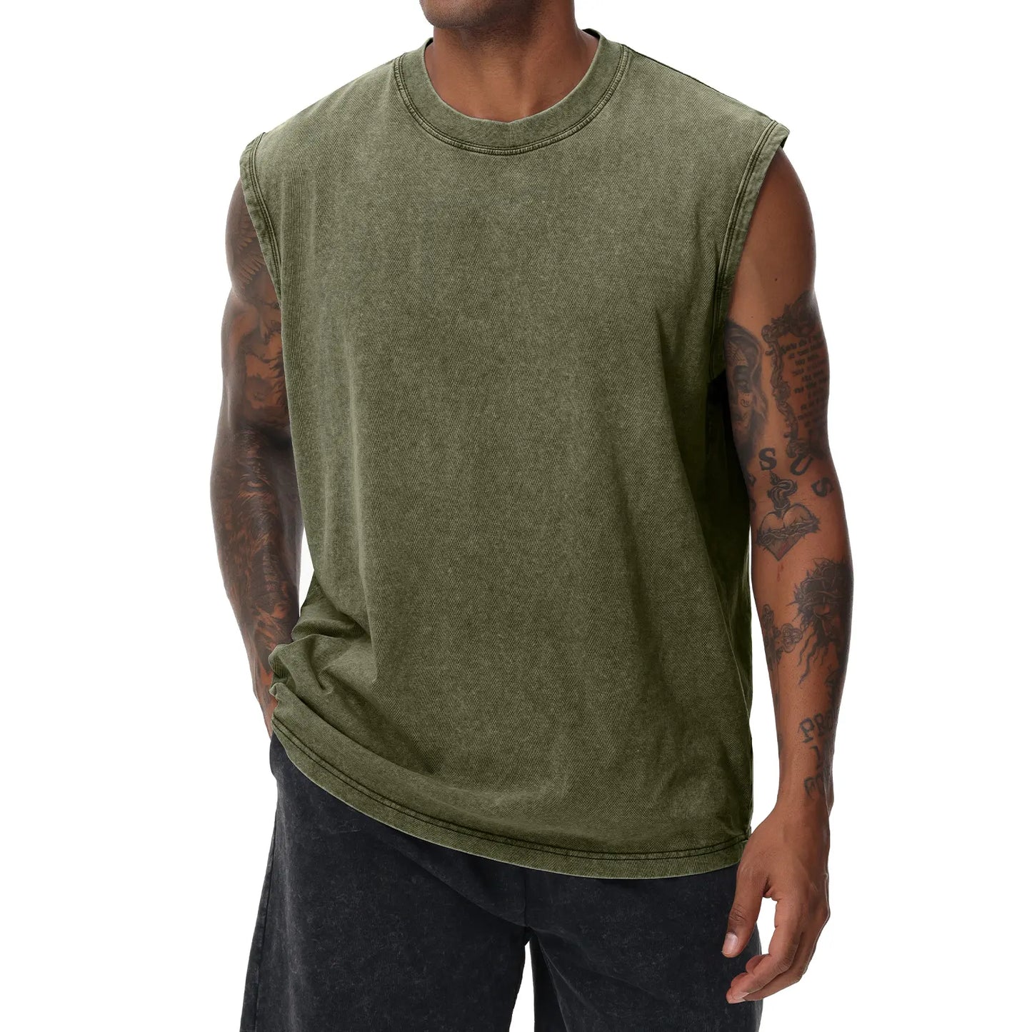 Men'S Cotton Sports Tank Tops - Vintage Casual Fitted Sleeveless Muscle Tees, Acid Wash round Neck Soft Gym Stuff, Loose Fit for Gym Running, Classic Menswear Summer Essentials